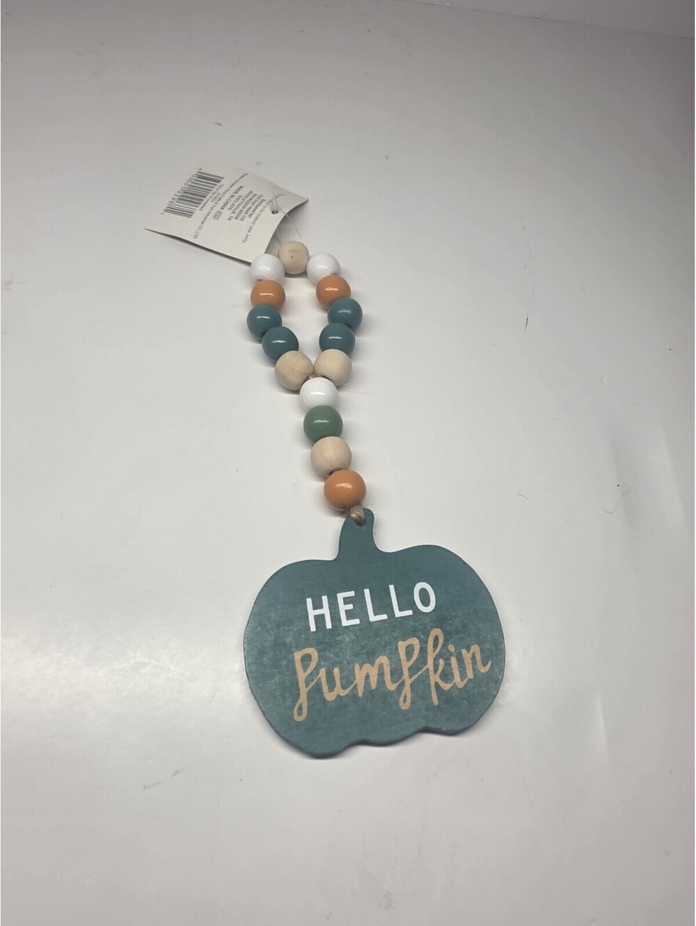 HELLO PUMPKIN 8" Wood Bead Teal Fall Autumn Harvest Tier Tray Sign Decor NEW
